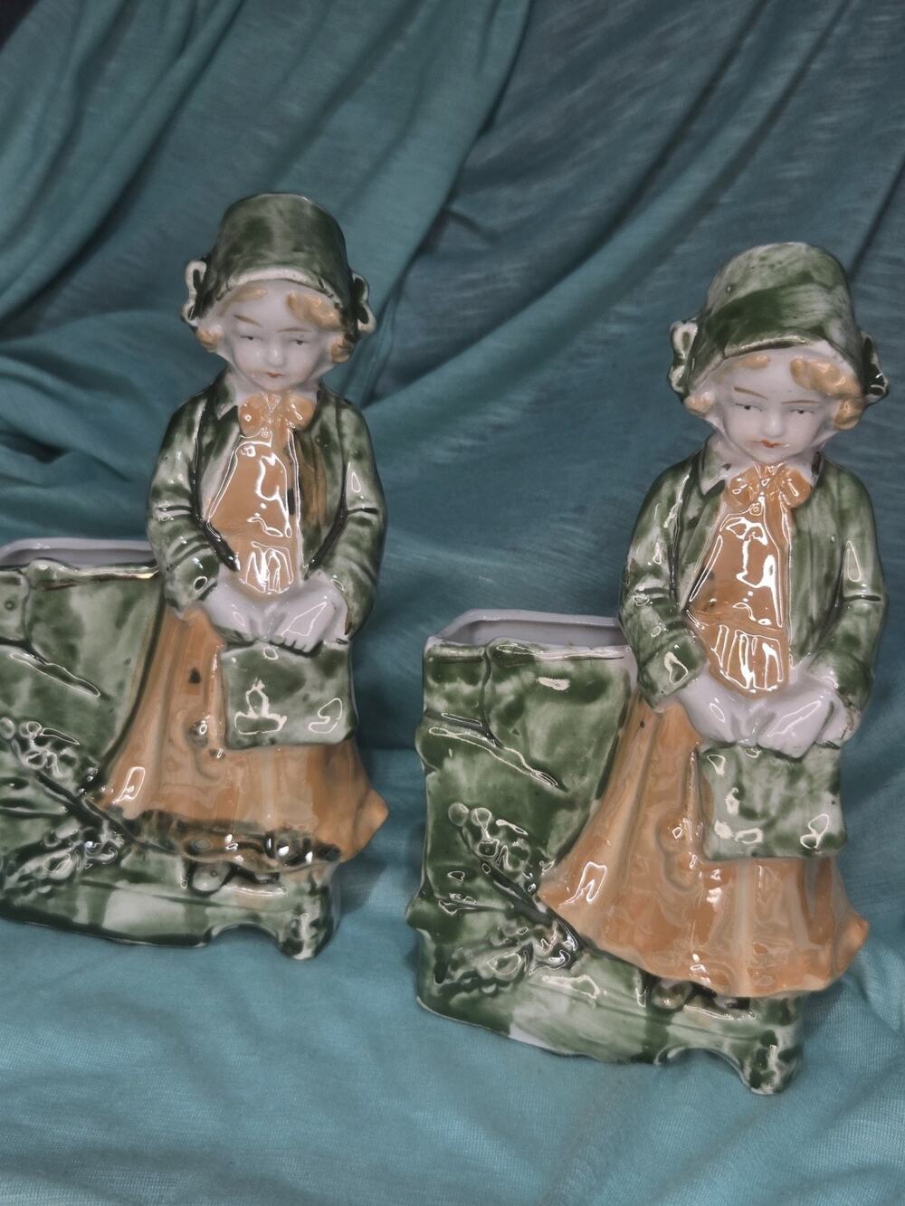 Antique German Porcelain Girl Figurine Pair Vintage Spill Vases Match Holders